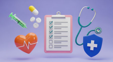 Stylized 3D medical icons including a heart with EKG, syringe, various pills, clipboard with checklist, stethoscope, and a protective shield, representing health, care, and insurance concepts.の素材