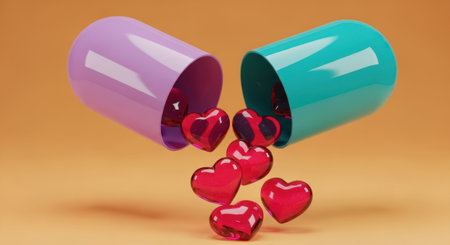 Open pill capsule, split into lavender and teal halves, with glossy red heart shapes spilling out. symbolizes love, health, and care.の素材