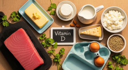 Variety of vitamin d rich foods displayed in a flat lay arrangement on a wooden surface. includes fresh tuna, eggs, butter, milk, cheese, lentils, and almonds, highlighting essential nutrients.の素材