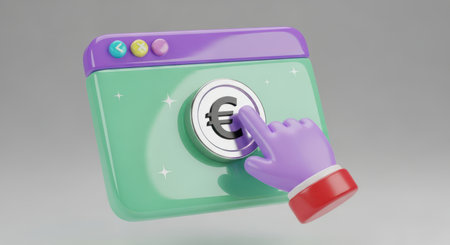 Pastel green browser window with a purple hand cursor clicking a silver euro coin icon. represents online payment, digital transaction, and internet finance.の素材