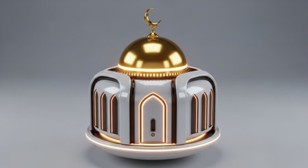 Modern stylized mosque inspired data storage unit featuring a prominent golden dome and illuminated architectural details. represents technology, spirituality, and futuristic design.の素材