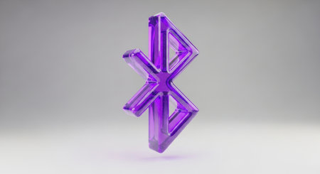 Vibrant purple 3D bluetooth symbol with a glossy, angular design, featuring two interconnected shapes. represents wireless technology, connectivity, and digital communication.の素材