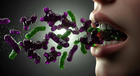Human mouth with visible teeth and lips, surrounded by various purple and green bacteria and viruses, representing oral hygiene, infection, and microbiology concepts.の素材