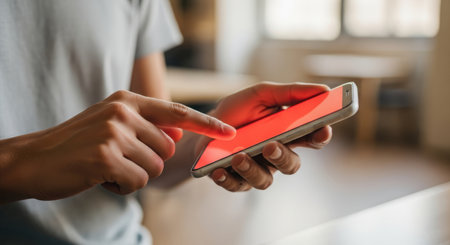 Close up of a hand holding and tapping on a smartphone with a bright red screen, symbolizing digital communication, online activity, and mobile connectivity.の素材