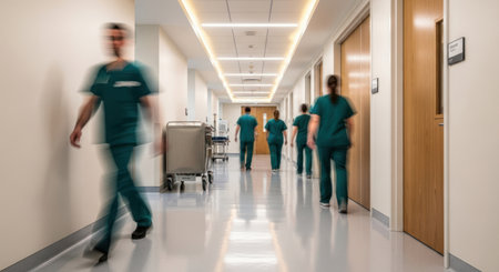 Medical staff in green scrubs move with motion blur through a long, brightly lit hospital corridor, conveying a sense of urgency and constant activity in healthcare.の素材
