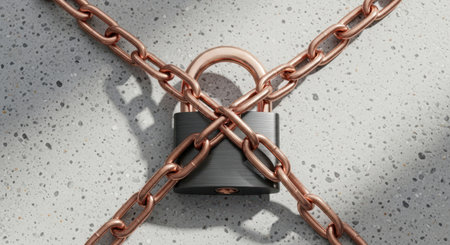 Dark steel padlock with a rose gold shackle and crossed chains resting on a textured concrete surface, casting shadows. represents security, privacy, access control, and restriction.の素材