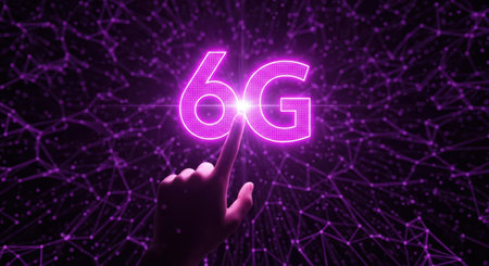 Human hand interacting with a vibrant purple 6G symbol, representing next generation wireless technology and global network connectivity on a dark, abstract digital background.の素材
