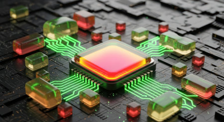Central glowing microchip connected by vibrant green data pathways on a dark, intricate circuit board. represents advanced technology, artificial intelligence, and digital innovation.の素材