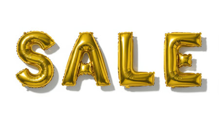 Gold foil balloon letters spelling SALE on a white background, perfect for promotions, discounts, and advertising campaigns for retail and e commerce.の素材