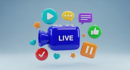 Blue video camera with LIVE text, surrounded by play, chat, like, heart, and pause icons, symbolizing live streaming, online content, and social media engagement.の素材