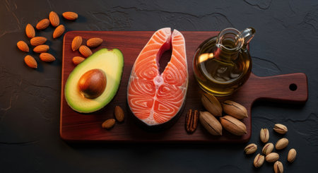 Fresh salmon steak, half avocado, olive oil, almonds, pecans, and pistachios arranged on a wooden board. essential omega 3, protein, and healthy fats for a balanced diet.の素材
