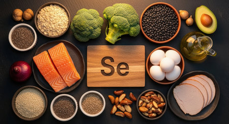 Assortment of selenium rich foods like salmon, brazil nuts, eggs, broccoli, and oats arranged on a dark surface, highlighting essential nutrients for a healthy diet.の素材