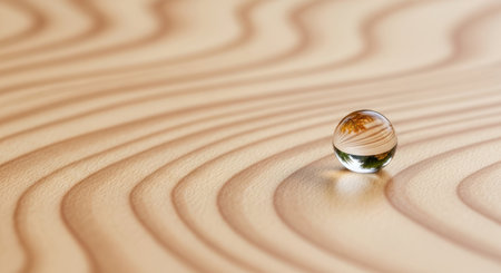 Crystal sphere reflecting green and brown foliage on a polished light wood surface. abstract wavy grain patterns create a unique visual texture and depth.の素材