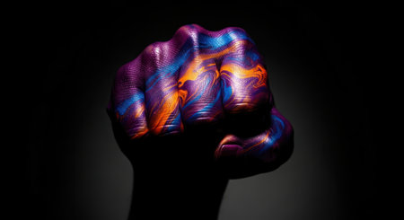 Clenched fist painted with vibrant, abstract swirling patterns of deep purples, fiery oranges, and electric blues, symbolizing strength and artistic expression.の素材