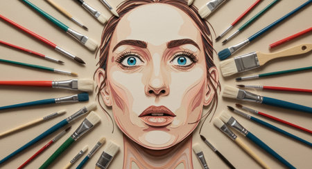 Paper cut illustration of a woman face with vibrant blue eyes, surrounded by an array of artist paintbrushes. symbolizes creativity, art, and artistic expression.の素材