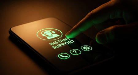 Hand presses glowing green instant support button on a smartphone screen in a dark environment. digital interface shows customer service, call, question, and settings icons, symbolizing online assistance and quick help.の素材
