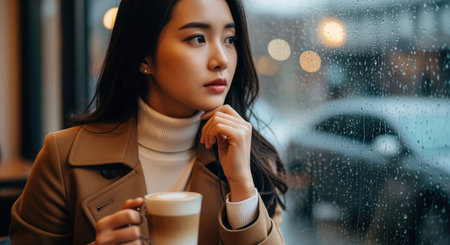 East asian woman in a camel coat and white turtleneck holds a coffee cup, looking out a rain streaked window. cozy cafe interior with blurred city lights outside.の素材