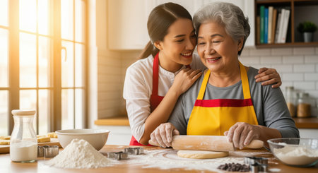 Asian mother and daughter baking together in a bright kitchen. elderly woman rolls dough while young woman embraces her, sharing a joyful, loving moment. family bonding and homemade food concept.の素材