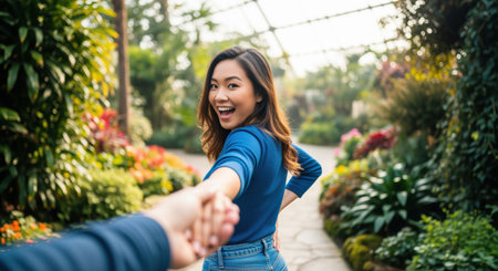 Smiling young asian woman holding a hand, looking back while leading on a winding path through a vibrant botanical garden filled with lush green plants and colorful flowers.の素材