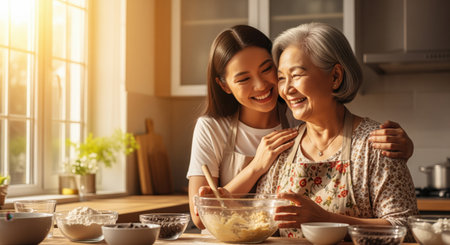 Smiling asian mother and daughter baking together in a bright kitchen, mixing ingredients in a bowl. they share a warm, joyful moment, embodying family bonding and culinary tradition.の素材