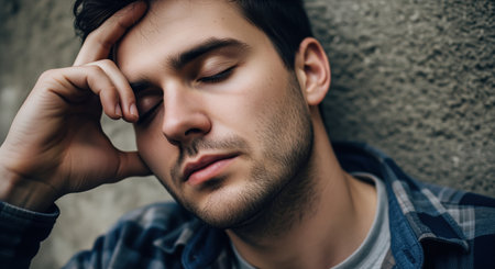 Young man with closed eyes, hand on his forehead, leaning against a rough concrete wall. depicts concepts of stress, fatigue, contemplation, and mental health.の素材