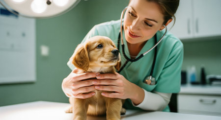 Female veterinarian in scrubs examining a small golden retriever puppy with a stethoscope on an examination table. focus on animal health, pet care, and veterinary medicine checkup.の素材