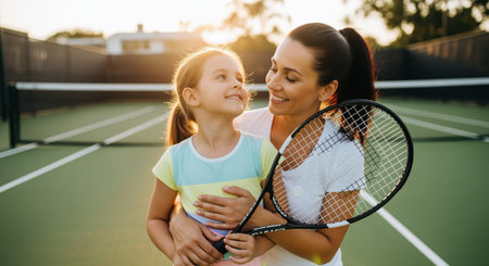 Mother and daughter embracing on a green tennis court, smiling and holding a racket. golden hour light illuminates their happy family bond after a game.の素材