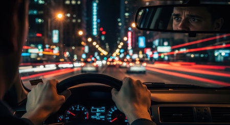 Man driving a car at night, hands gripping the steering wheel. city lights blur into dynamic light trails, reflecting a focused expression in the rearview mirror.の素材
