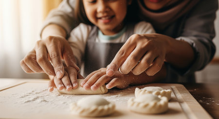 Flour dusted hands of a mother and her daughter shaping dough on a wooden board. they are making small pastries together, a joyful family cooking activity.の素材
