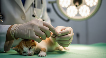 Veterinarian in white coat and medical gloves carefully checks a small ginger and white kitten with a bandage on its paw, lying on a green examination table under bright surgical light. focus on animal care and health.の素材