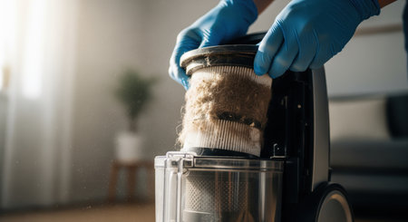 Gloved hands carefully removing a heavily clogged HEPA filter from a compact household vacuum cleaner, highlighting maintenance and cleanliness.の素材