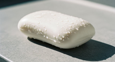 Sparkling clean white bar of soap covered in delicate water droplets, resting on a light grey surface. represents hygiene, freshness, and purity.の素材