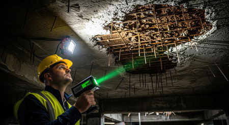 Construction foreman in hard hat and safety vest uses a green laser scanner to inspect a severely damaged concrete ceiling with exposed rebar, assessing structural integrity and potential hazards.の素材