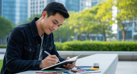 Young asian man in a denim jacket writing in a notebook with a pen, surrounded by green trees and modern buildings in an urban park.の素材