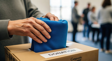 Woman hands carefully placing a blue folded blanket into a cardboard donation box. the box is labeled DONATION for charity at a community center.の素材