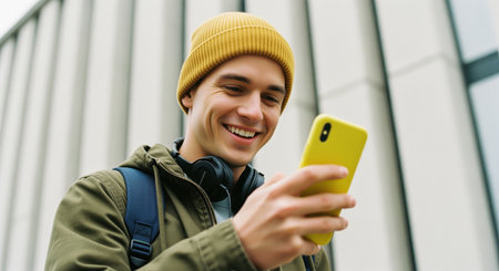 Young man in a mustard beanie and olive jacket smiling happily while interacting with his bright yellow smartphone outdoors. he wears headphones and a backpack.の素材