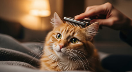 Fluffy ginger cat with bright green eyes being gently brushed by a human hand. pet grooming and care, domestic animal comfort, and bonding moment.の素材