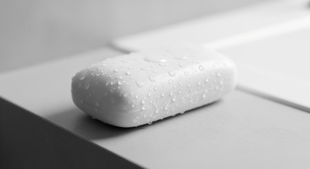 White bar of soap covered in fresh water droplets, resting on a clean gray bathroom counter next to a white sink. emphasizes hygiene, cleanliness, and freshness.の素材