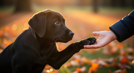 Black labrador puppy paw gently touches a child hand in a warm, sunlit autumn park. represents friendship, trust, and companionship between human and pet.の素材
