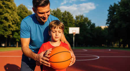 Father teaching his young son how to hold a basketball on an outdoor court. man and boy bonding over sports, learning, and family time outdoors.の素材
