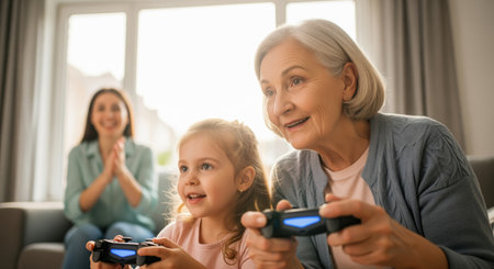 Joyful grandmother and granddaughter focused on playing a video game with controllers, while the mother claps and smiles in the background. intergenerational family fun and modern leisure activity at home.の素材