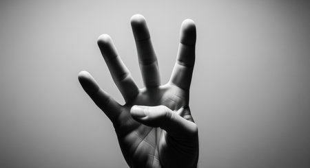 Human hand in high contrast black and white, displaying four fingers extended upwards with the thumb tucked. represents the number four, counting, or a specific gesture. dramatic lighting emphasizes the form.の素材