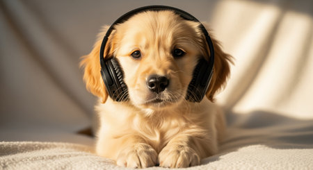 Golden retriever puppy lying down, wearing black headphones, looking directly at the camera. its golden fur is illuminated by soft light, conveying a sense of calm, companionship, and a love for music.の素材
