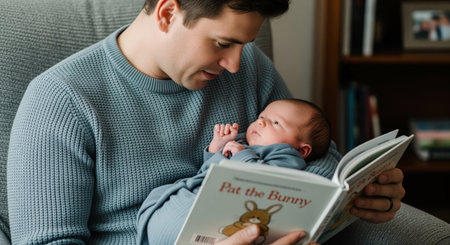Young father in a blue sweater gently cradling his newborn baby boy, reading a storybook in a cozy living room. depicts bonding, early childhood, and family love.の素材
