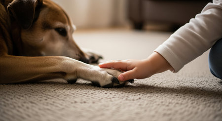 Child small hand gently touches the paw of an elderly dog resting on a beige carpet. focus on the bond between human and pet, companionship, and trust.の素材