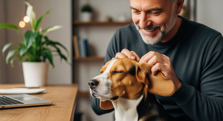 Smiling man gently petting his tri color beagle dog ears, showing affection and companionship. a domestic scene highlighting the bond between owner and pet.の素材