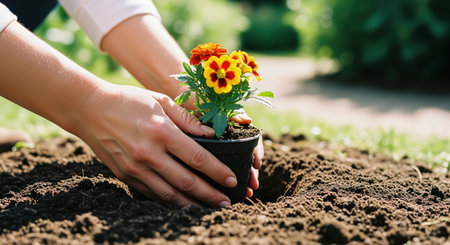 Woman hands carefully planting a vibrant potted flower into rich garden soil. concept of gardening, growth, nature, and spring season.の素材