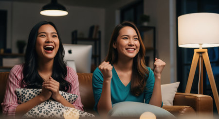 Two young asian women on a sofa, one laughing and holding a pillow, the other cheering with clenched fists, enjoying a game in a dimly lit living room.の素材