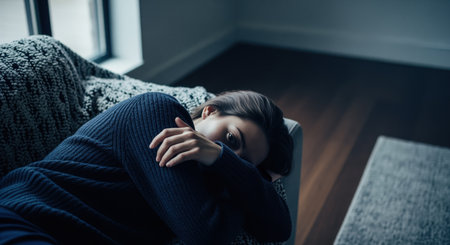 Distressed young woman lying on a sofa in a dimly lit room, feeling isolated and overwhelmed. depicts mental health struggles, solitude, and emotional pain.の素材