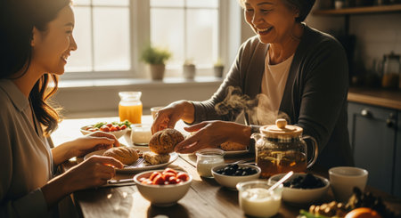 Two smiling asian women, an older and a younger, share a healthy breakfast with bread, berries, and tea at a sunlit kitchen table. focus on family bonding and morning meal.の素材